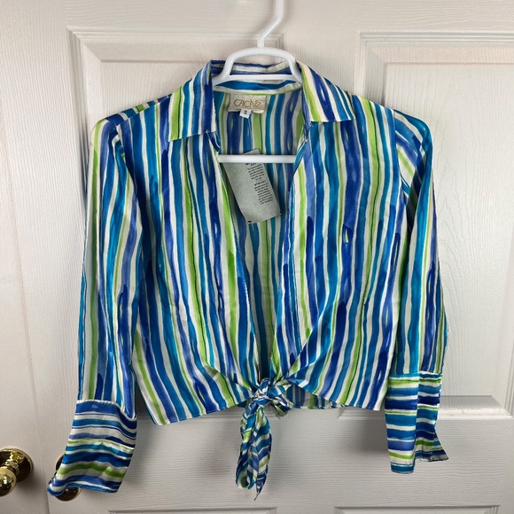 Vintage Cache Striped Tie Front Long Sleeve Top Silk - Picture 1 of 5
